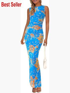 Mesh Sleeveless Bodycon Ruched Floral Maxi Dress